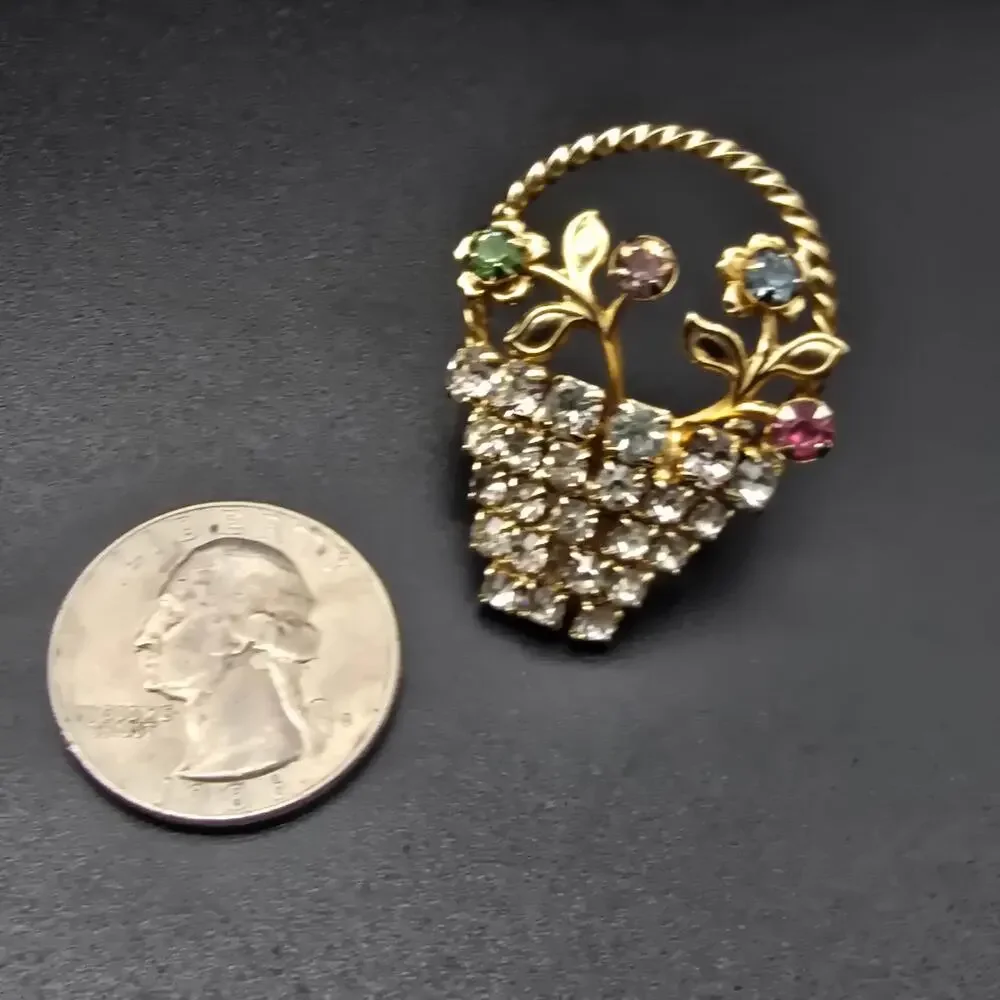 Rhinestone Flower Basket Brooch UV Glow Vintage Costume Jewelry